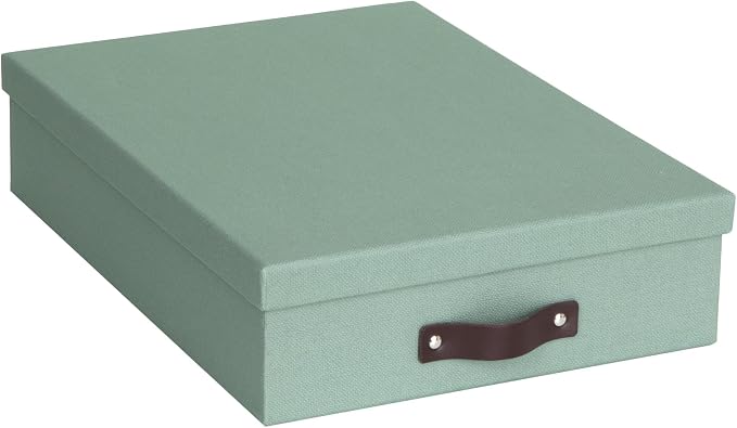 Bigso Oskar Canvas Fiberboard Document Letter Box for Important Paperwork A4 or Letter Size - Durable Keepsake Box with Lid and Leather Handle - 3.3in x 10.2in x 13.8in - Soft Teal by Bigso