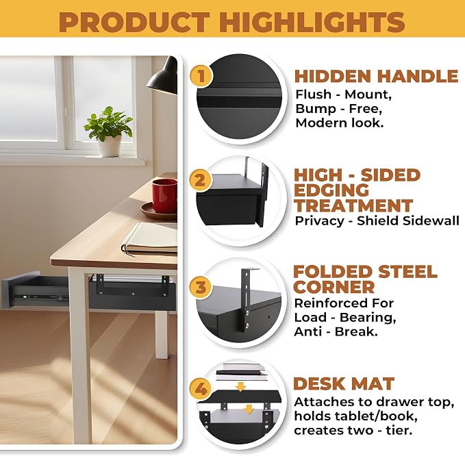 POPMOON 16.6" Under Desk Drawer, Adjustable Pull-Out Storage Organizer | Carbon Steel Under Table Drawer with 5 Height Settings, Smooth Slide Rails, Fit Flat Wooden & Standing Desks, Hold 33 Lbs - Image 3
