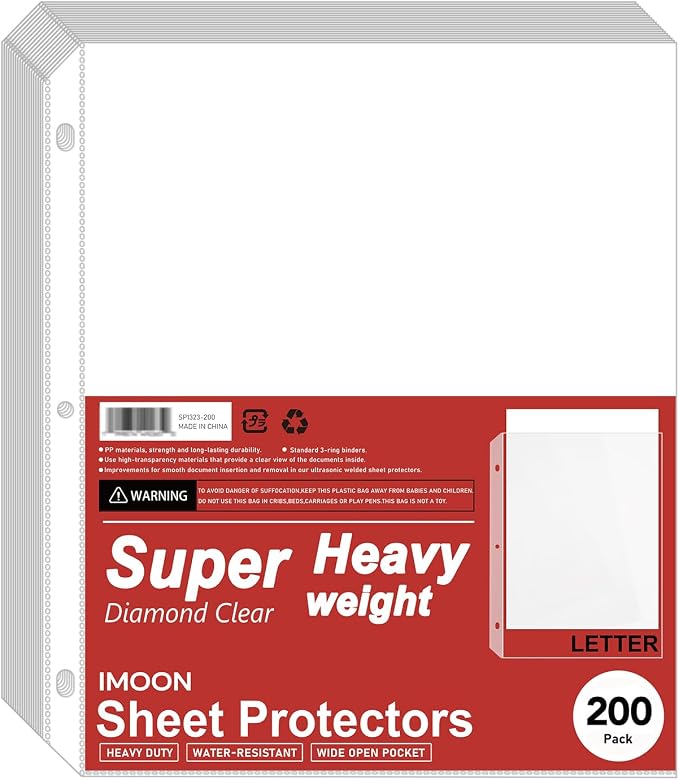 Super Heavyweight 3-Hole Letter Size Sheet Protectors - High Transparency Plastic Heavy Duty Sleeves for 3 Ring Binders, Archival Safe, Durable Page Protectors for Documents, 8.5x11 Inch (200 Pack) by Unknown