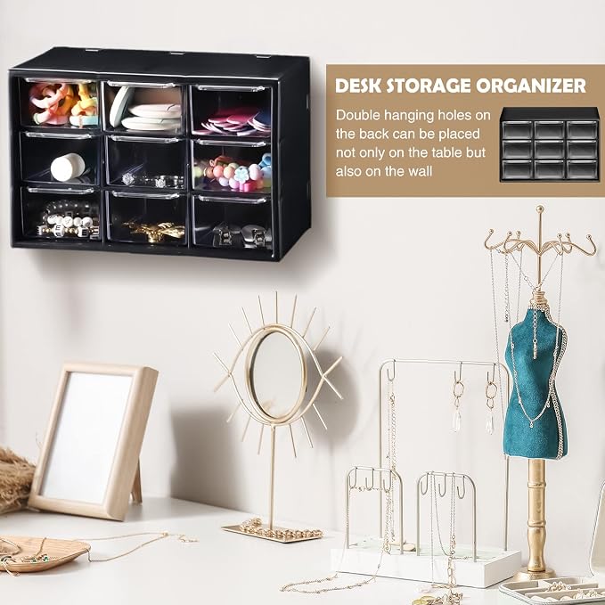 Rtteri 9 Pieces Mini Drawer Organizer Plastic Desktop Storage Box Desk Craft Organizer with 9 Clear Drawers for Office Home Jewelry Small Parts Belongings Cosmetics Collection, Wall Mounted (Black) - Image 7