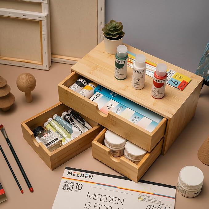 MEEDEN Bamboo Desk Organizer with Drawers: Desktop Storage Drawer Container - Tabletop Storage Organization Box for Office Home Toiletries Supplies - Image 2