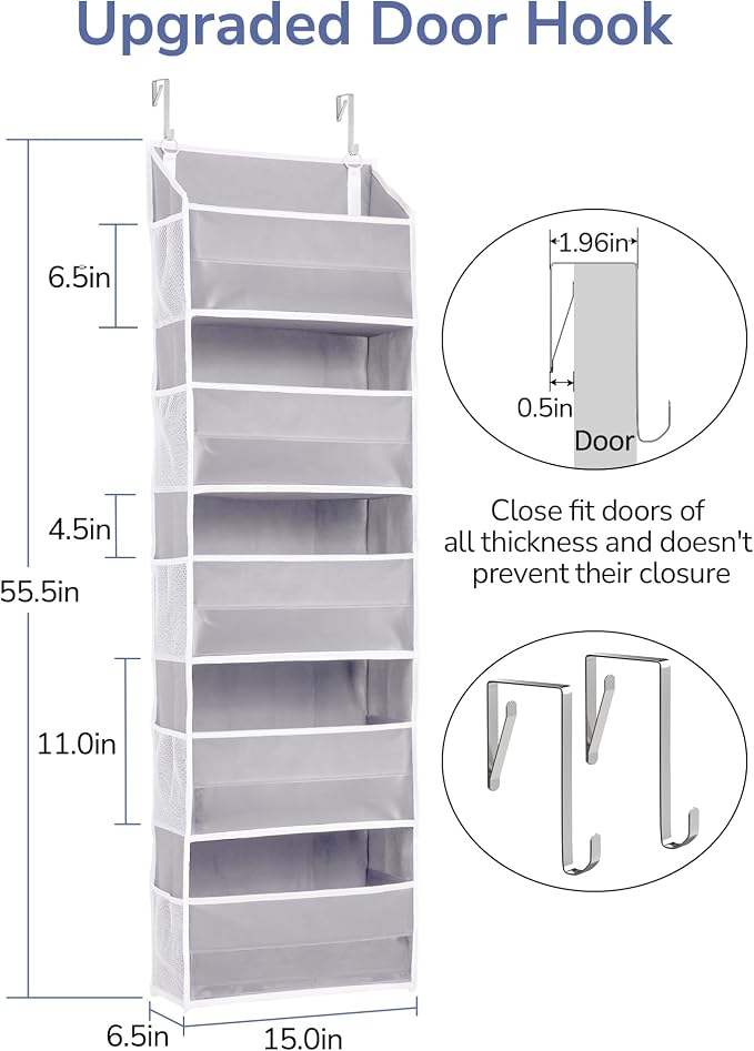 ULG 1 Pack Over Door Organizer with 5 Large Pockets 10 Mesh Side Pockets, 44 lbs Weight Capacity Hanging Storage Organizer with Clear Window for Kids Toys, Shoes, Diapers, Grey, 5 Layer - Image 7