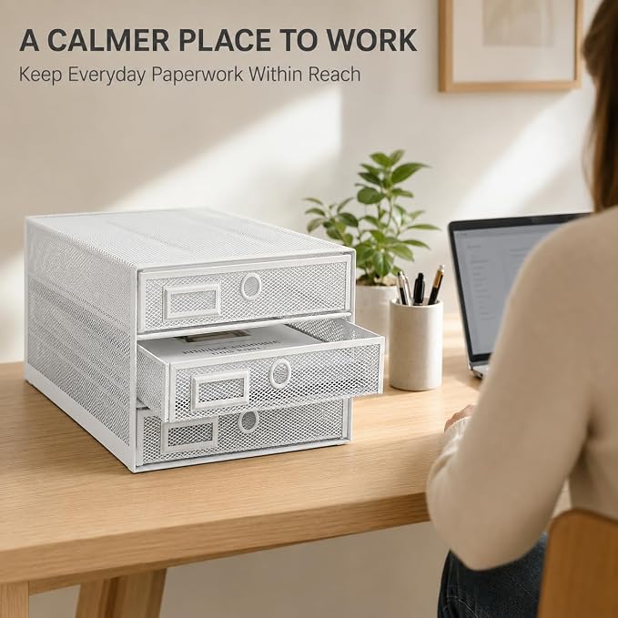 Exerz Paper Sorter 3 Drawer Wire Mesh A4 / Desk Multifunctional Desk Organiser/Multi-Layer Letter Tray - for Documents, Magazines, Notebooks and Letter (White) | Desk Organiser Pull Out Trays Keep Files Letters Magazines Folders Notebooks Neatly Separa... - Image 6