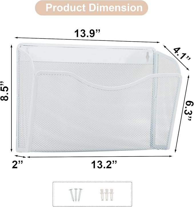3 Single Pocket Mesh Hanging File Organizer, Vertical Wall Mounted Magazine File Holder, Mount Basket Mail Paper Document Folder Organizing for Office, Home and School, White - Image 6
