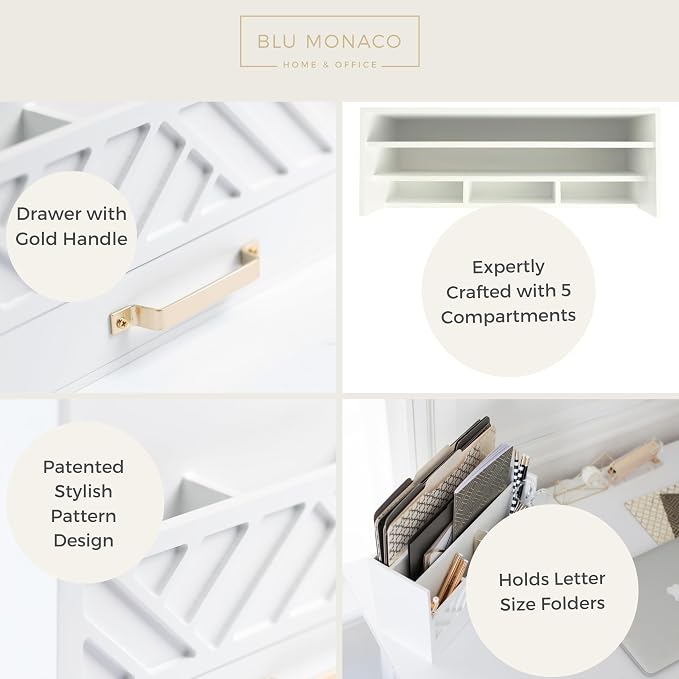 BLU MONACO | White Wooden Desk Organizer & Mail Organizer with Drawer & Gold Handle | Mail Sorter Countertop | 6 Compartments | White Desktop Organizer for Desk - Image 5
