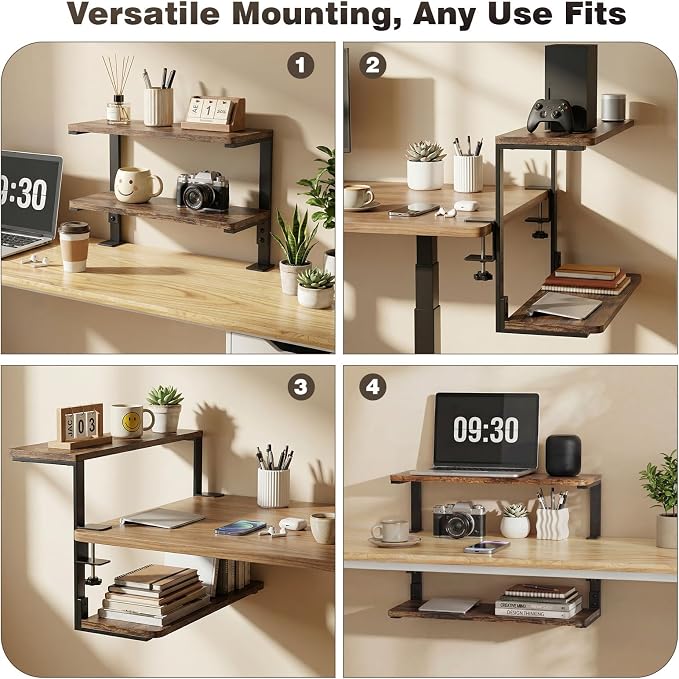 2-Tier Desk Extender, 22-inch Clamp-On Desk Shelf, Height-Adjustable Desktop Shelf Organizer for Monitors Office and Gaming Accessories, Arm Support Table Extension, Dark Brown - Image 4