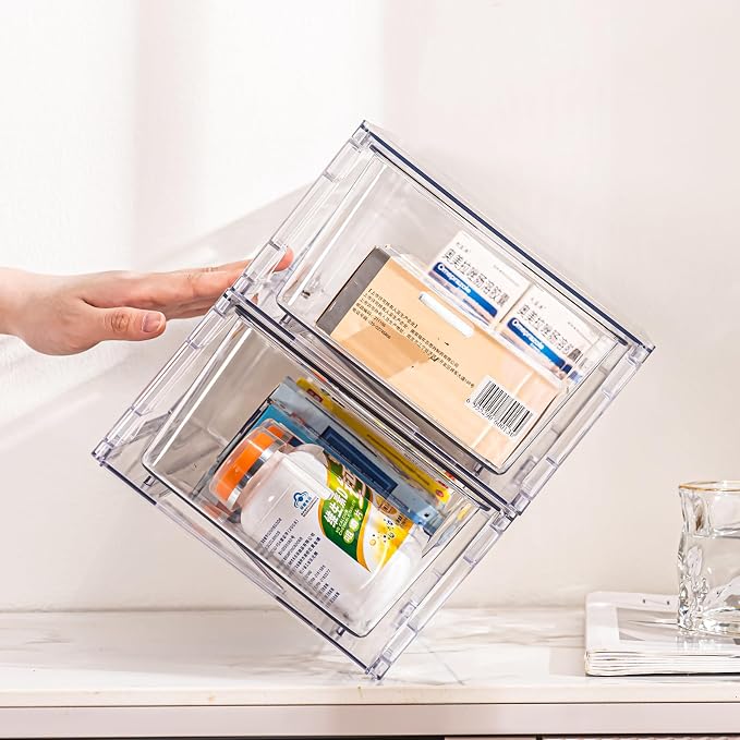 6 Pack Stackable Organizer Drawers, Clear Desk Storage Box,Transparent Drawer in Home, Office and Kitchen Pull Out Organizer Bins for Make Up, Pen, Desktop Stationary (6 Pack) - Image 6