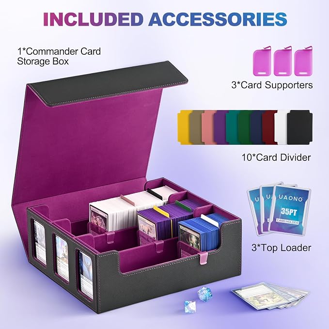UAONO 3-Row Trading Card Storage Box with Commander Display, Black Purple | 1800+ Commander Deck Box for MTG, Bulk Card Case Fits Magic TCG PTCG Sports Cards, 10 Dividers & 3 Stoppers - Image 3