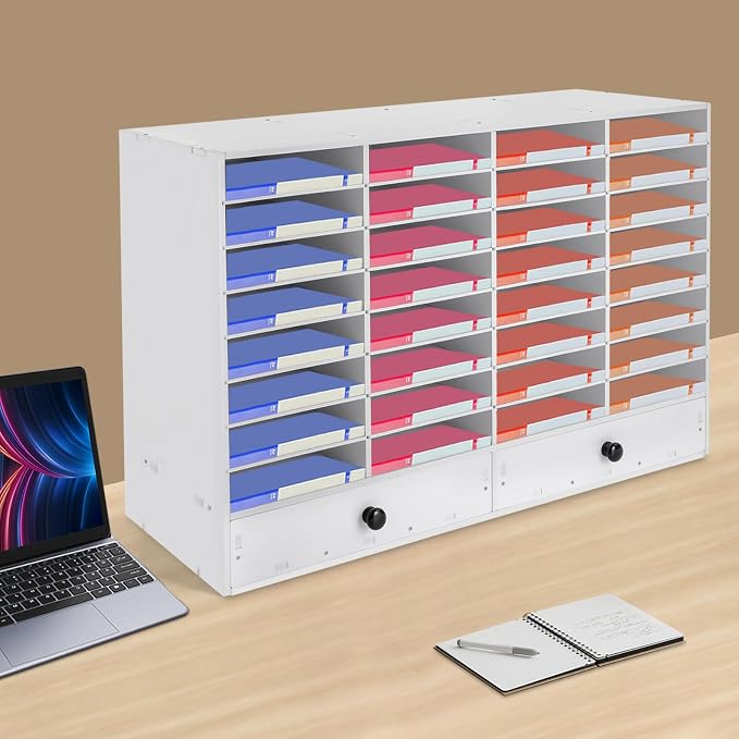 Mail Sorter Organizer, White Student Mailbox for Classroom, Desktop File Sorter, Literature Organizer, Paper Organizer for Home School Office (White 32 Compartment with 2 Drawers) - Image 3