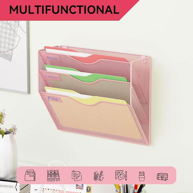 3 Pockets Hanging Wall File Organizer Mail Holder, Wall Mounted Paper Document Folder Holder, Clipboard Storage Organization Magazine Rack, Pink - Image 6
