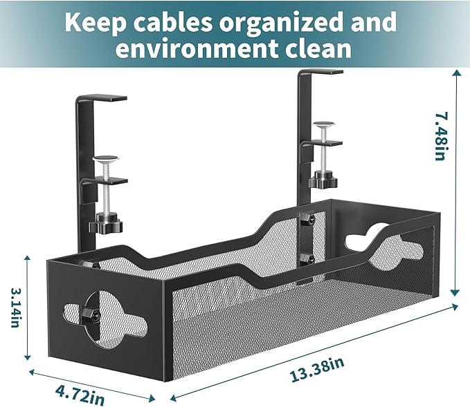 Litwaro Under Desk Cable Management Tray 2 Pack, No Drill, Organizer with Clamp Easy to Install for Standing Cord Organizer, Wire Damage Desk, Black, 13.38''-2 pack - Image 3