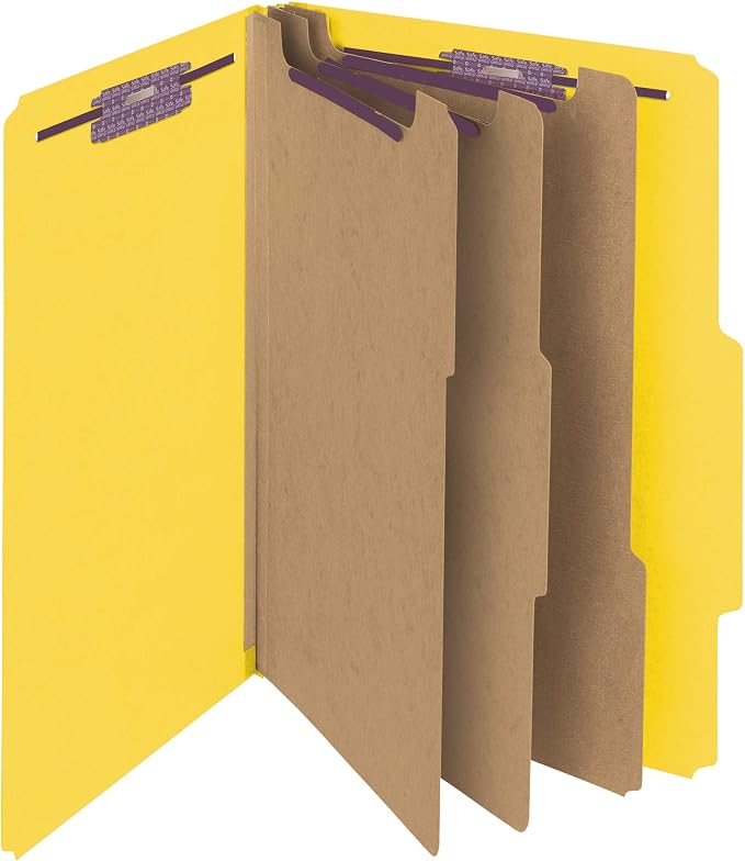 Smead Pressboard Classification File Folder with SafeSHIELD Fasteners, 3 Dividers, 3" Expansion, Legal Size, Yellow, 10 per Box (19098) (Pack of 1) by SMEAD