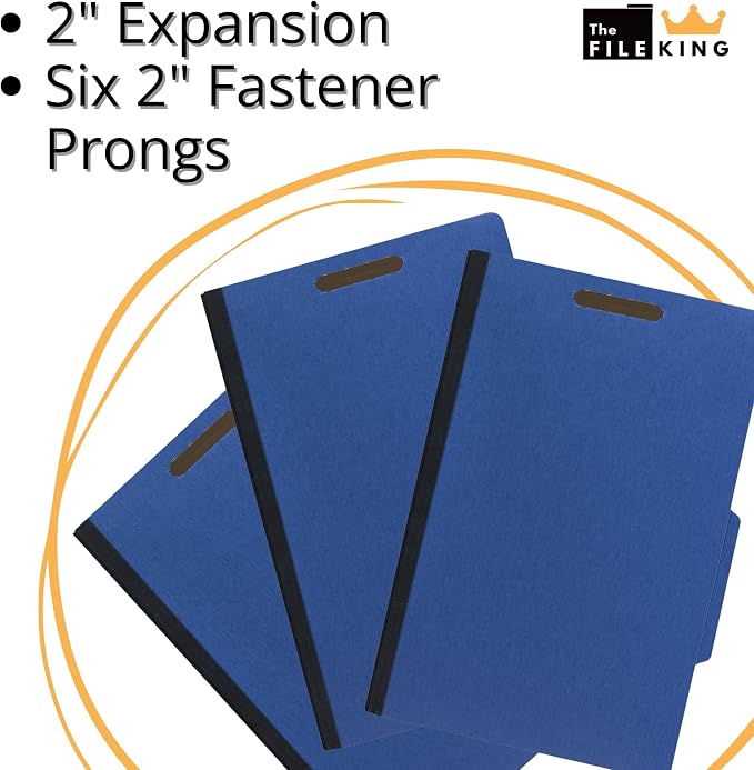 The File King Pressboard Classification Blue Partition File Folder | Legal Size - Box of 10 | Two Dividers | Six 2” Durable Fastener Prongs | 2/5 Cut Top Tab | 2” Expansion - Image 4