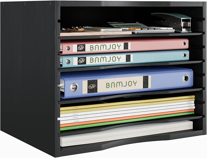 Bamjoy Wood 5 Tier Desktop Organizer, Paper Organizer Mail Sorter, File Holder Letter Document Storage with Adjustable Shelves for School Home Office, Black by Bamjoy