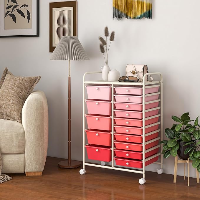 GOFLAME 15-Drawer Rolling Storage Cart, Craft Storage Cart with Removable Drawers & Lockable Wheels, Art Cart Supply Storage Organizer for Home Office Classroom, Pink Gradient - Image 9
