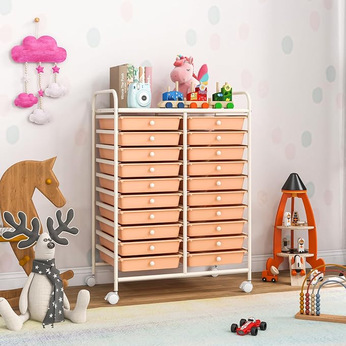 GOFLAME 20-Drawer Rolling Storage Cart, Multifunctional Art Craft Organizer Cart, Mobile Utility Storage Cart with Removable Drawers & Lockable Wheels, Craft Cart for Home Office, Peach Fuzz - Image 8