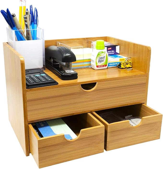 Sorbus Bamboo Desk Organizer - 3-Tier 100% Bamboo Desktop Organizers – Mini Bamboo Desk Drawer Tabletop Storage Box Countertop Organization 3 Drawers & Shelf - Office, Makeup Vanity, Fully Assembled by Sorbus