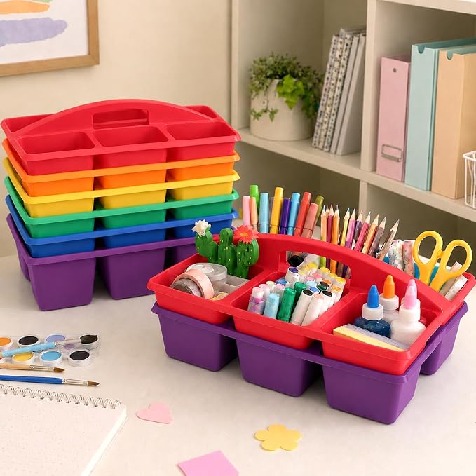 gisgfim 6 Pack Plastic Classroom Caddy with 6-Compartments Plastic Storage Caddies with Handle 6 Compartments Table Caddy Organizer Versatile Table Caddies for Classroom Office Storage, Rainbow Color - Image 4