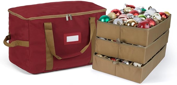Covermates Keepsakes Adjustable Ornament Storage Bag – Heavy-Duty Polyester, Padded Dividers & FlexGrid Trays – Protective Holiday Ornament Organizer with Handles & Label Window, Red by Covermates
