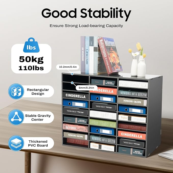 27 Slot Literature Organizer – Desktop File Sorter for Office, Classroom | 110 Lbs Weight Capacity | Organize Files Mail Magazines and Documents | 31.5"W × 12"D × 21.7"H Fits Desks or Shelves - Image 4