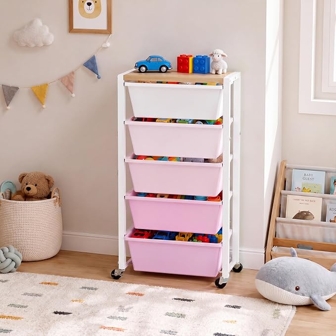 Rolling Cart with 5 Drawers, Plastic Drawer Storage Carts with Wheels & Wooden Tabletop, Metal Utility Cart for Office Bedroom Living Room Classroom, Craft Organization and Storage, Pink - Image 2