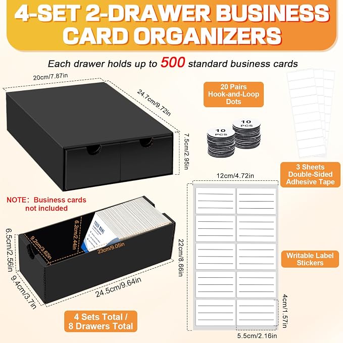 Business Card Storage Box 4 Pack, Stackable Business Card Organizer with 8 Pull-Out Drawers and Labels, Holds Up to 4000 Cards, Black Corrugated Desktop Filing Boxes - Image 2