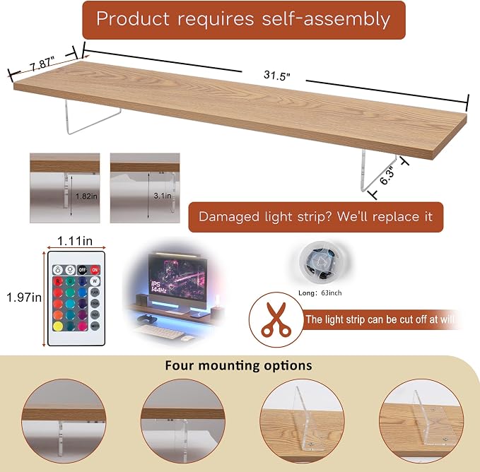 Monitor Stand Riser,Wood & Acrylic Computer Monitor Stand with LED Light,Desk Accessories Desktop Organizer Stand for Computer,Laptop,Printer,PC & TV Screen Riser - Image 2