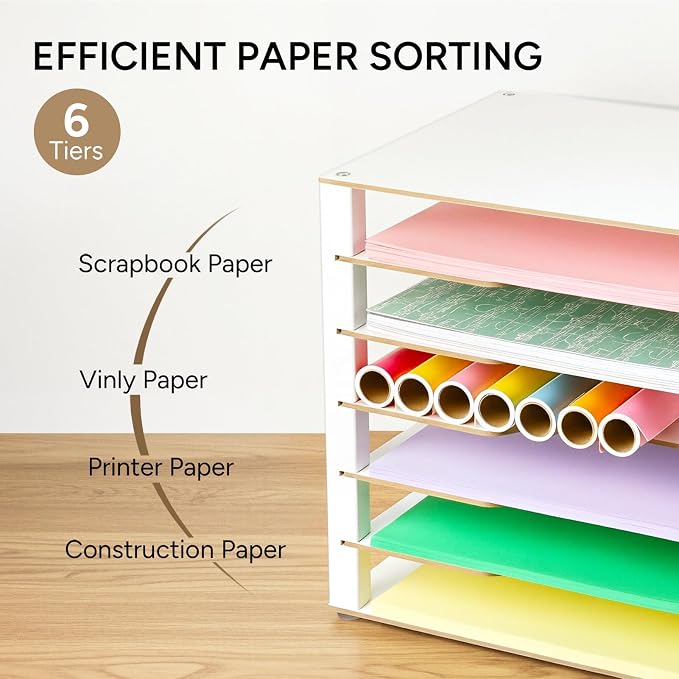 Construction Paper Organizer 12" x 18", 6-Tiers Paper Storage | Movable Wooden Desktop Organizer, Letter Tray for Office, Home, Classroom - Image 2