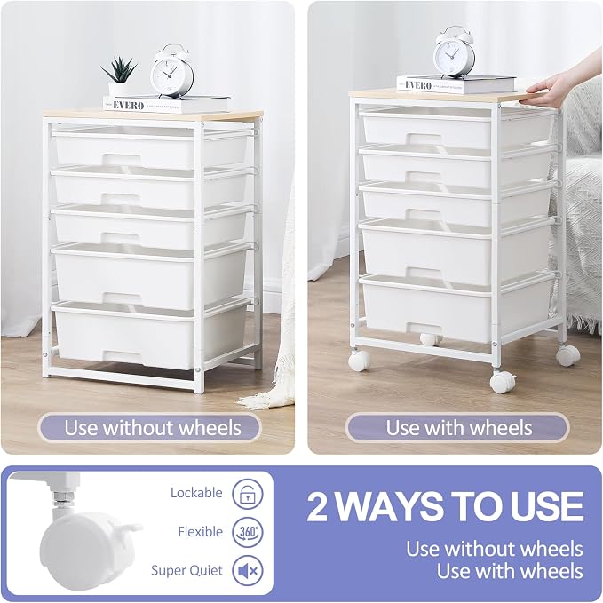 SYKIARIOL Rolling Cart with Drawers, 5 Drawers Utility Cart, Bright White | 5-Tiers Storage Cart with Drawers with Wooden Top for Craft Organizers and Storage,Home Office,Classroom,Dorm - Image 7
