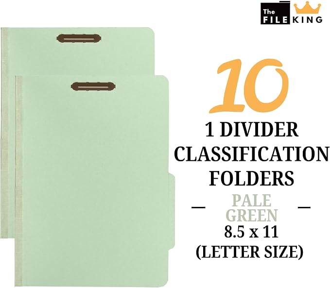 The File King One Divider Pale Green Pressboard Classification File Folder - Letter Size | Box of 10 | Top Tab | 2” Expansion | Four 2-Inch Durable Fastener Prongs | USA Made - Image 2