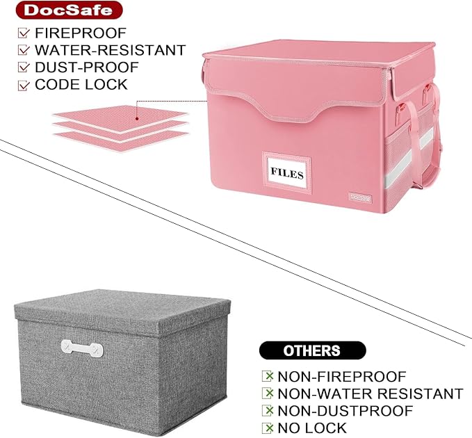 DocSafe Fireproof Document Box with Lock,File Storage Organizer with Zipper Pockets,Collapsible Portable File Box Home Office Safe Filing Cabinet with Handle for Hanging Letter/Legal Folder,Pink - Image 4