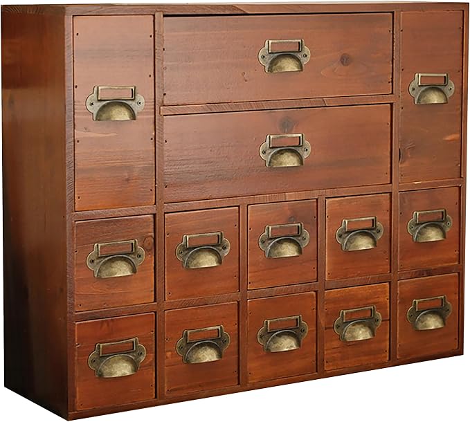 14-Drawer Apothecary Cabinet - Index Card Organizer - Miniature Chest of Drawers - Brass Handle Organizer - Kids' Arts and Crafts Storage - Wooden Desktop Drawer Organizer by PrimoSupply
