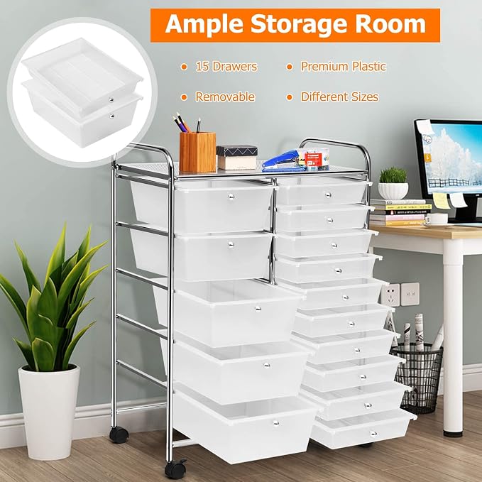COSTWAY 15 Drawer Rolling Storage Cart, Mobile Utility Cart with Lockable Wheels, Drawers, Multipurpose Organizer Cart for Home, Office, School, Clear - Image 4