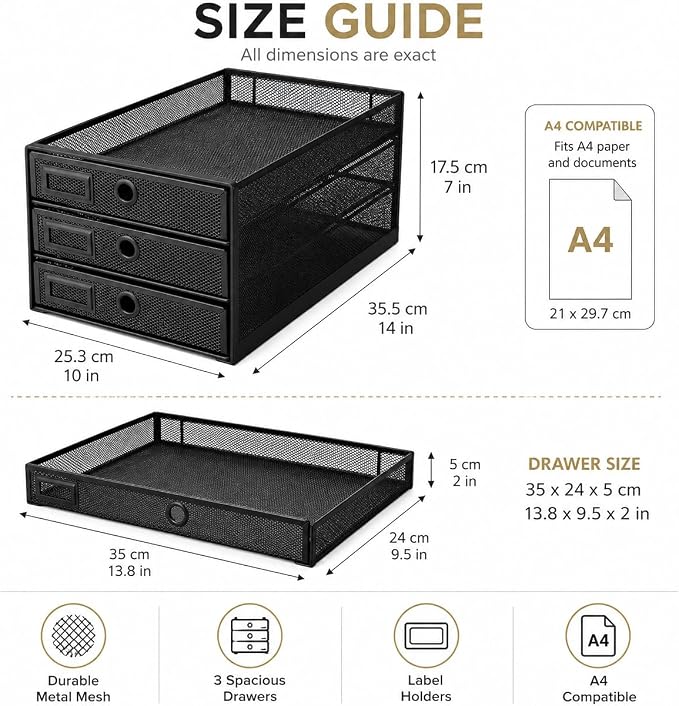 EXERZ Paper Sorter 3 Tier Drawers A4 / Multifunctional Desk Organiser/Letter Tray - Documents, Magazines, Notebooks and Letters | Pull Out Metal Mesh Drawers For A4 Documents Magazines Notebooks And Letters Space Saving Storage For Office Home Study - Image 2