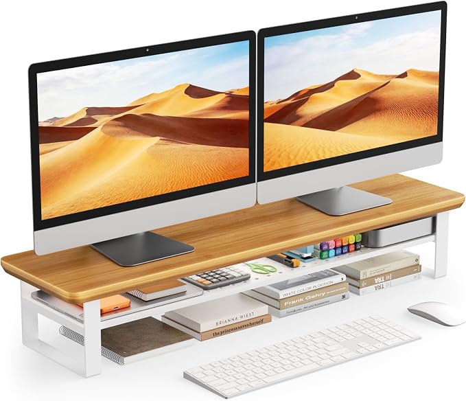 Dual Monitor Stand, 35.4 Inch Monitor Stand Riser for 2 Monitors, 2 Tiers Wood Desk Shelf with Storage, Desktop Organizer Stand for Computer, Laptop, Printer, TV by NestNeatHome