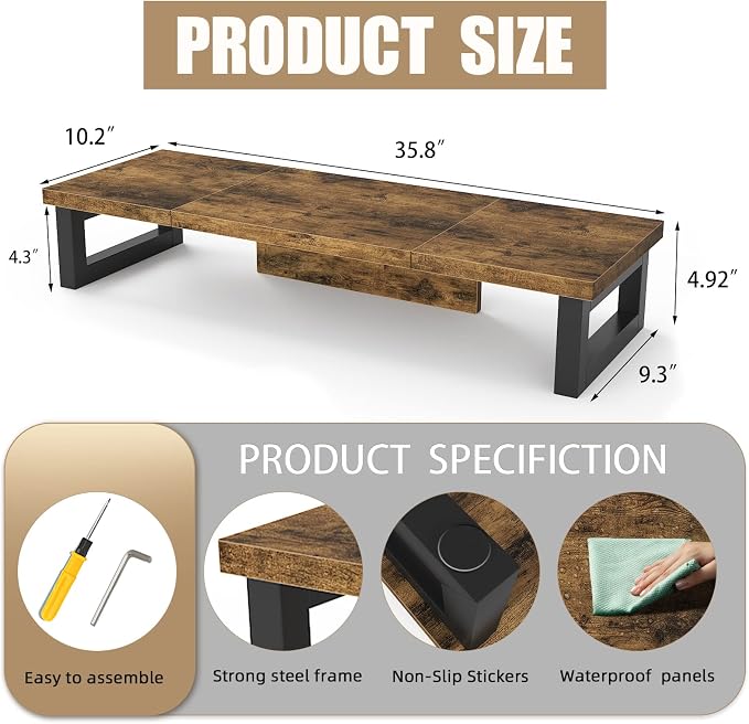 WESTREE Dual Monitor Stand Riser, Wood and Steel Monitor Stand Riser, Computer Monitor Stand for 2 Monitors, Multi-Purpose Desktop Storage Stand for Computer,Laptop,Printer,TV - Image 7