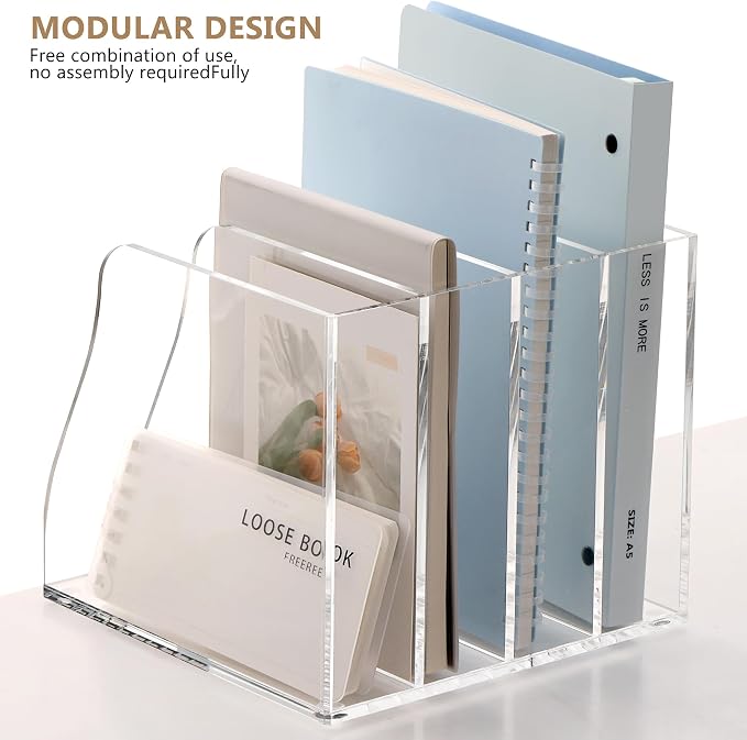 YUXUN Clear Acrylic Desk Organizer for Home Office - 4 Vertical Compartments No Assembly Magazine File Holder, Document Sorter Folder Rack Binder for Classroom Dorm Kitchen, Holds Books & Accessories - Image 2