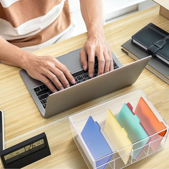 Mooliwe Index Card Holder Clear Acrylic Card Organizer 50 Pcs Divider Sheets for Desk File Note Holders, 4 Compartments Holds 600 Cards(4 x 6 Inch) - Image 2