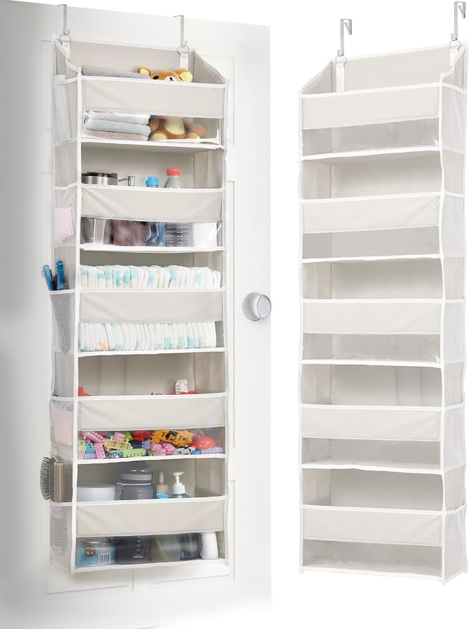 ULG 1-Pack Over Door Organizer with 5 Large Pockets 10 Mesh Side Pockets, 44 lbs Weight Capacity Hanging Storage Organizer with Clear Window for Bedroom Bathroom Kitchen, RV, Camper, Beige by ULG