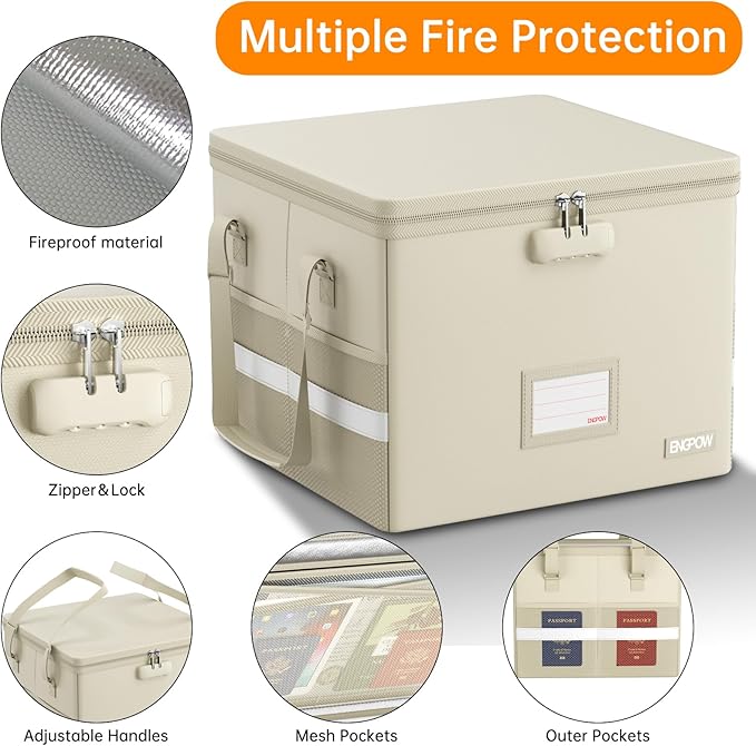 ENGPOW 5200°F File Box Fireproof Document Box with Lock,Heat Insulated Collapsible File Storage Organizer Box with Handle,Portable Home Office File Cabinet for Hanging Letter/Legal Size Folder, Beige - Image 5