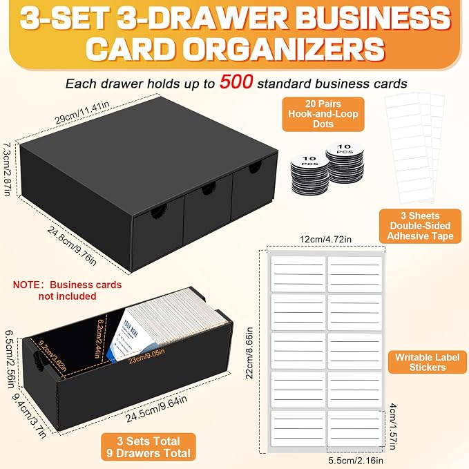 Business Card Storage Box 3 Pack, Stackable Business Card Organizer with 9 Pull-Out Drawers and Labels, Holds Up to 4500 Cards, Black Corrugated Desktop Filing Boxes - Image 2