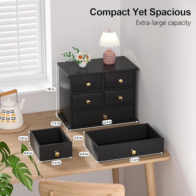 Oak Desk Organizer with Drawers, Durable Wooden Desktop Storage Box | 5 Drawer Tabletop Organizer with Metal Handles & Non-Slip Pads for Office, Bedroom, Bathroom, Vanity & Makeup Storage, Black - Image 2