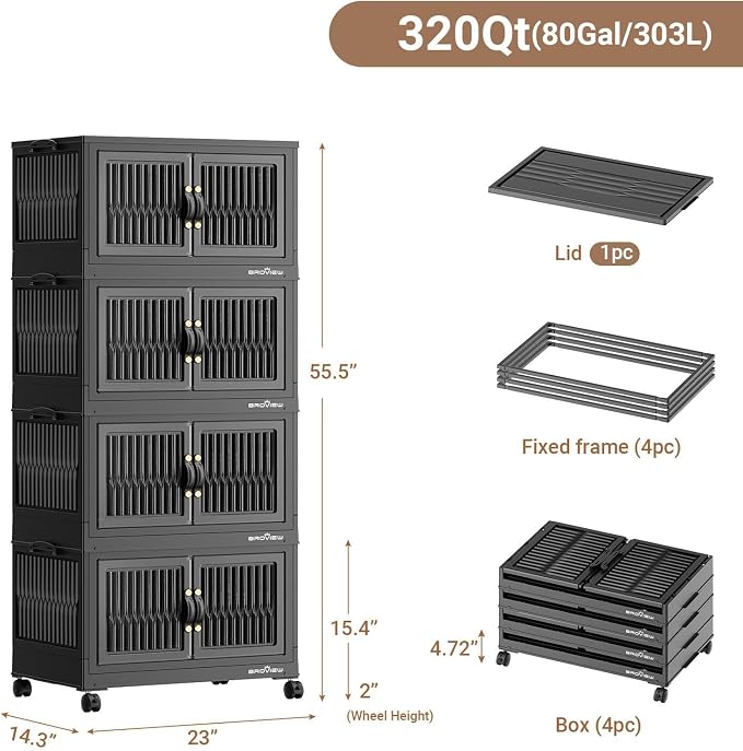 BROVIEW 320Qt Stackable Storage Bins with Lid, Extra Large Closet Organizer Collapsible Drawer Boxes with Wheels, Folding Plastic Cabinet Containers for Home Kitchen Room Organization, 4Pack Black - Image 2