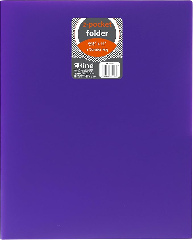 C-Line Two-Pocket Heavyweight Poly Portfolio, For Letter Size Papers, Includes Business Card Slot, 1 Case of 25 Portfolios, Purple (33959-25) - Image 2