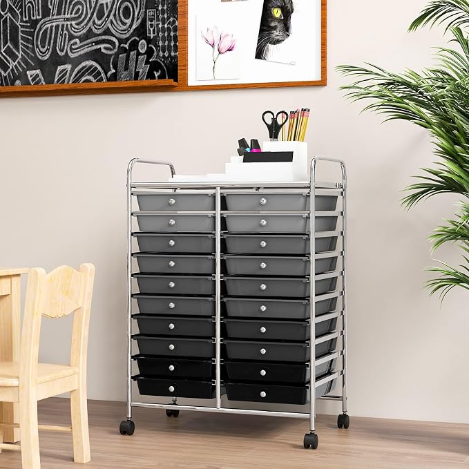 GOFLAME 20-Drawer Rolling Storage Cart, Multifunctional Art Craft Organizer Cart, Mobile Utility Storage Cart with Removable Drawers & Lockable Wheels, Craft Cart for Home Office School, Grey Gradient - Image 7