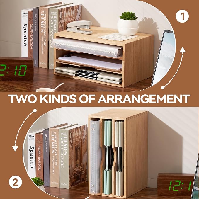 KIRIGEN Wooden Desk Organizer 3-Tier Letter Tray and Paper Sorter, Natural | Solid Wood Paper Tray Document Holder Organizer for Letters, Files, Folders, Mail, Magazines and Office Supplies - Image 4