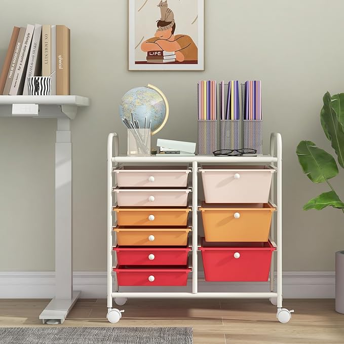 COSTWAY Rolling Storage Cart with 9 Drawer, Utility Cart with Metal Frame | Mobile Art Supply Craft Organizer, Multipurpose Storage Organizer for Paper, Office, School Teacher, Classroom, Macaron - Image 2