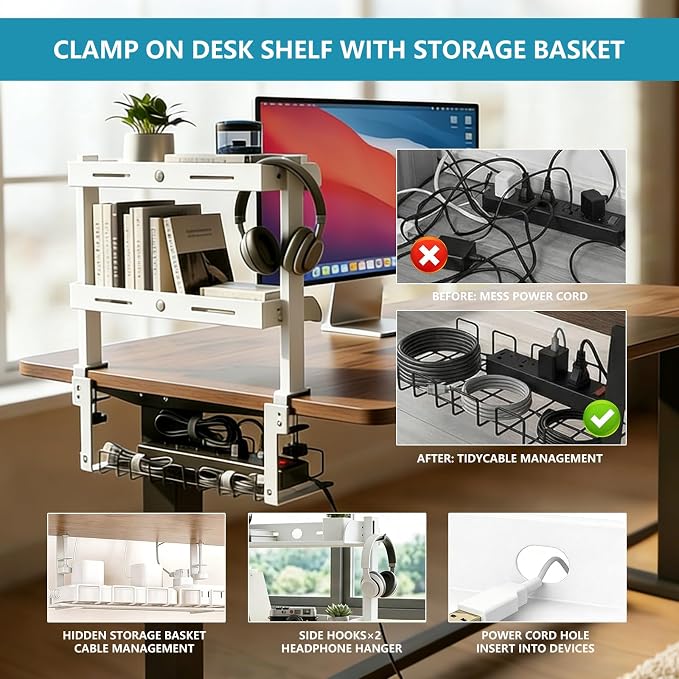 Clamp on Desk Shelf,3 Tier Desktop Organizer,Adjustable Clamp on Desk Top Organizer with Under Desk Hidden Storage Basket&Hooks,No Drilling Desk Clamp Storage Shelves for Working Gaming Accessories - Image 6