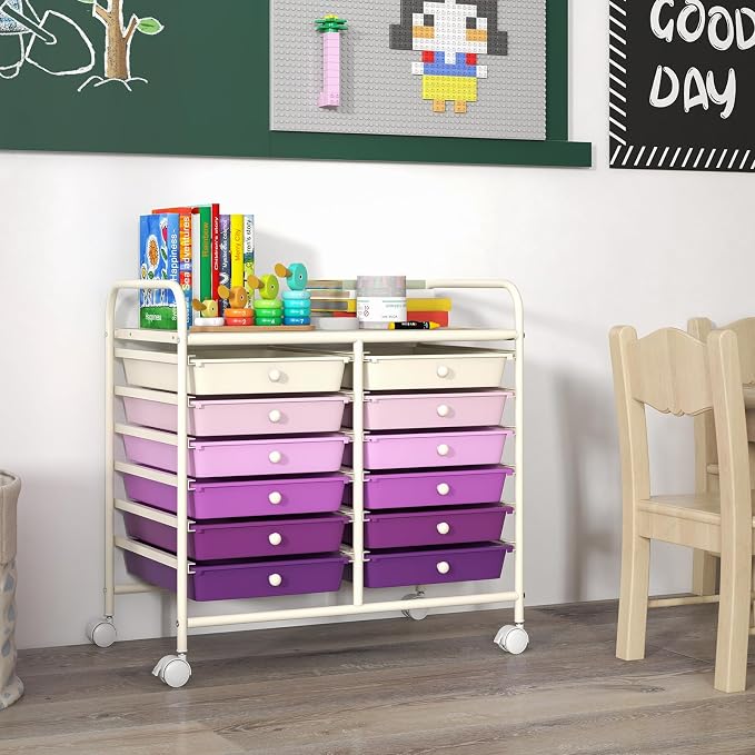 GOFLAME 12-Drawer Rolling Storage Cart, Multifunctional Art Craft Organizer Cart, Mobile Utility Storage Cart with Removable Drawers & Lockable Wheels, Craft Cart for Home Office, Purple Gradient - Image 2