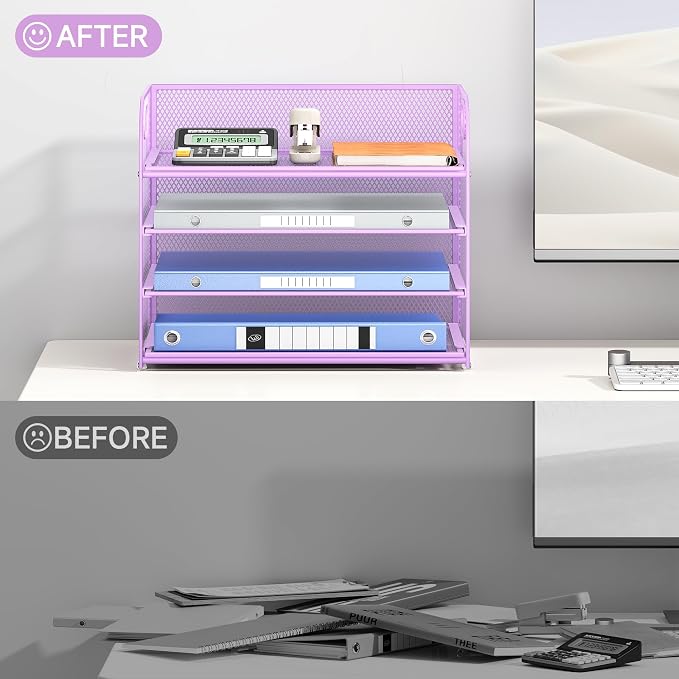 Lavatino 4-Tier Paper Organizer Trays - Purple Mesh File Folder Sorter with Handles, Desk Letter Holder Organizer for Office, Home, School Supplies Storage & Organization - Image 7